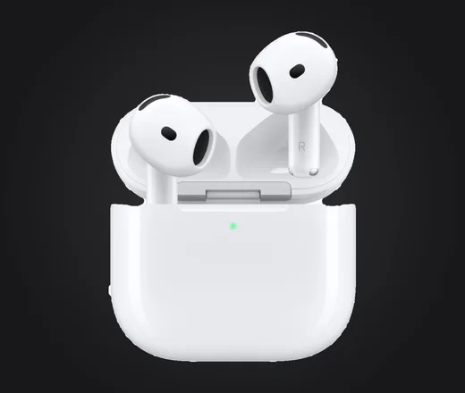 Apple AirPods 5 in Weiß mit geöffnetem Ladecase auf dunklem Hintergrund
