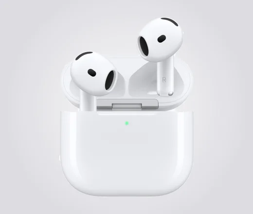 Apple AirPods 5 in Weiß mit geöffnetem Ladecase, Frontansicht