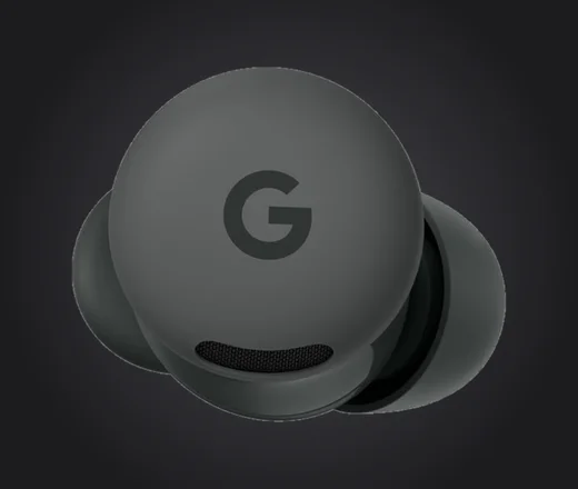 Google Pixel Buds 2a in Hazel (Graphit), einzelner Ohrhörer mit G-Logo auf dunklem Hintergrund