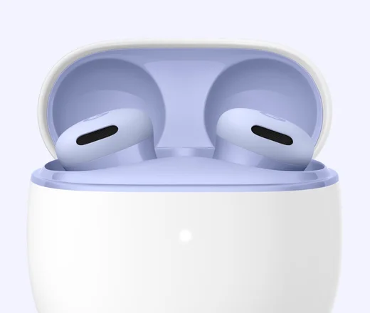 Google Pixel Buds 2a in Iris (Lavendel) im geöffneten Ladecase, Frontansicht