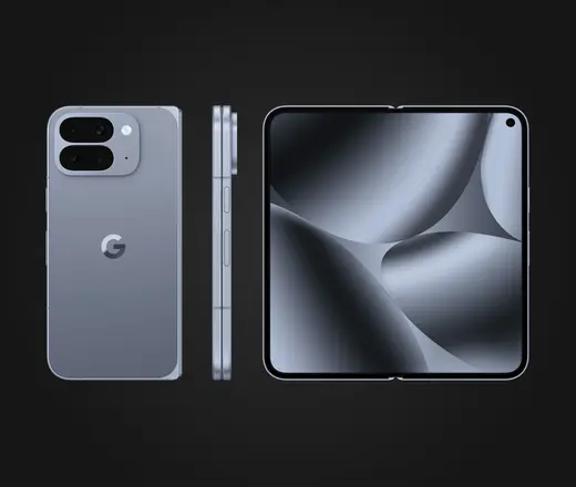 Google Pixel 10 Pro Fold in Moonstone, Rückseite, Seite und aufgeklappt