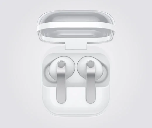 Samsung Galaxy Buds4 Pro in Weiß mit geöffnetem Case
