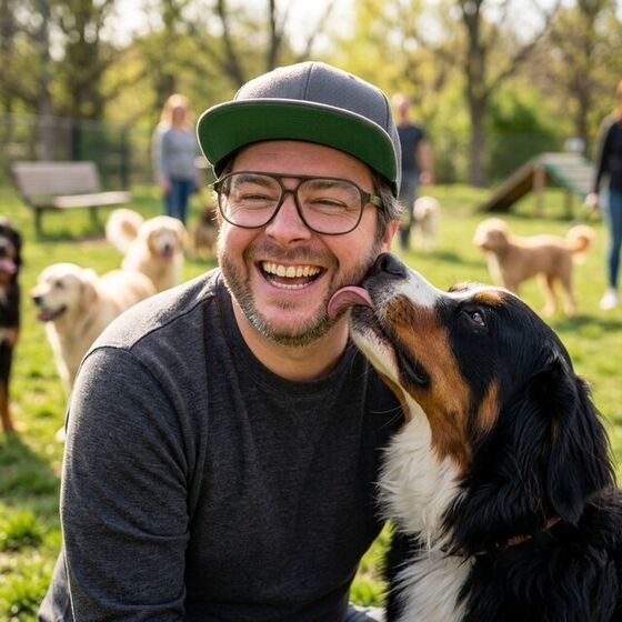 Sebastian lacht in die Kamera, Berner Sennenhund Finn schleckt ihm dabei über die Wange